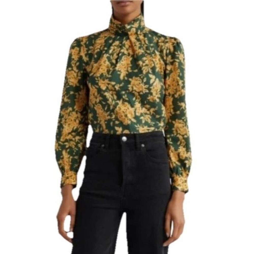 Mille Charlotte Floral Jacquard Top Emerald Bouquet Womens Size M Cotton